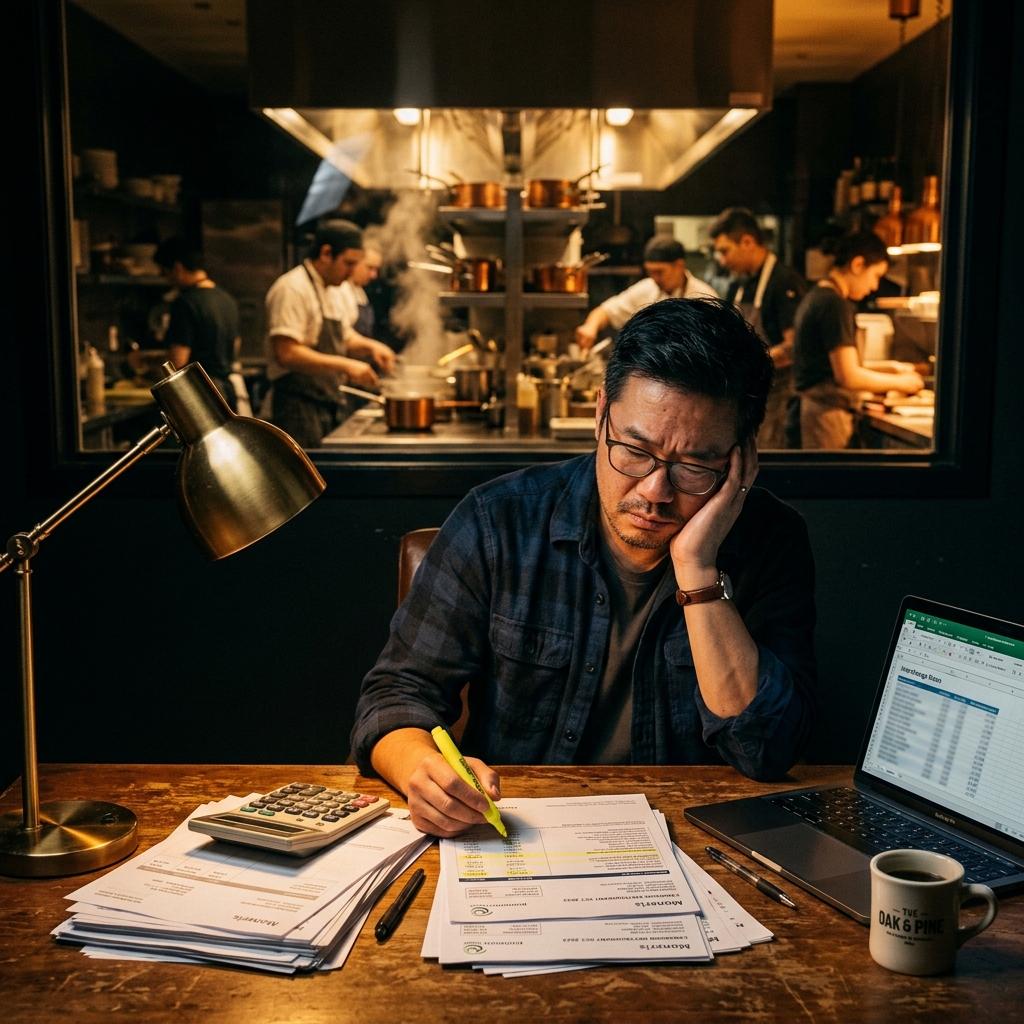 Restaurant owner reviewing credit card processing statements at desk with kitchen in background