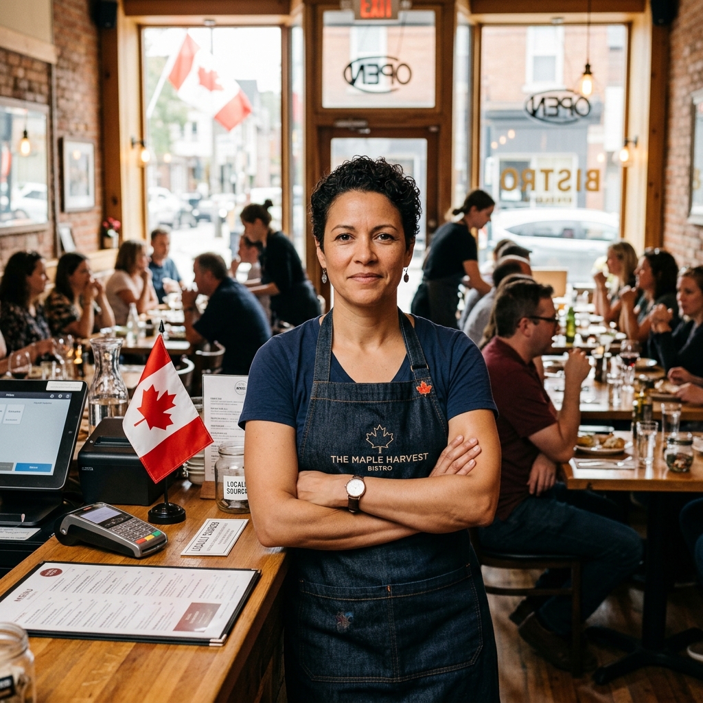 Confident Canadian restaurant owner standing at counter with busy dining room behind them